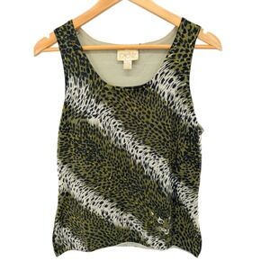 VTG Cache Womens Green Leopard Print Silk Blend Knit Tank Top Graphic Cat Size L